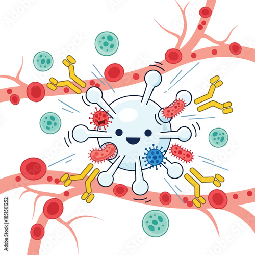 Colorful illustration of a white blood cell fighting off viruses in the bloodstream