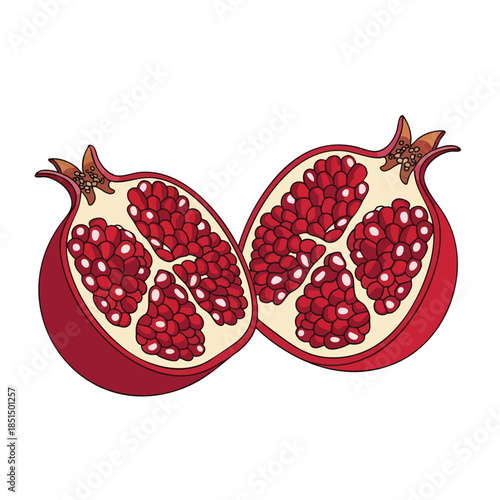 Two halves of a pomegranate, showing the deep red seeds and light flesh