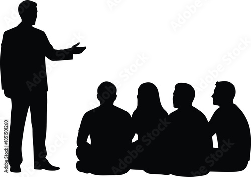 Business presenter silhouette addressing a sitting audience group teaching seminar meeting or training session black vector illustration