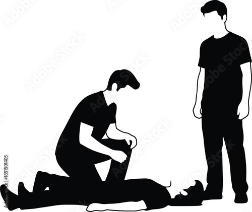 First aid assistance scene silhouette of man kneeling over injured person on the ground while another man stands by monochrome vector