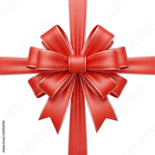 Close-up of a large red ribbon bow on crossed ribbons against a white background with a festive feel.