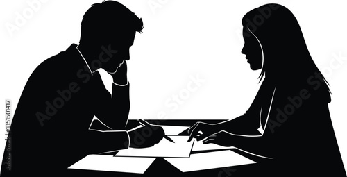 Male and female business partners signing a document agreement silhouette vector graphic