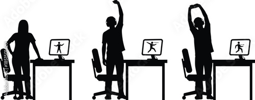Office Exercise and Desk Stretching Silhouettes Woman Taking Break at Computer Workstation Vector Illustration