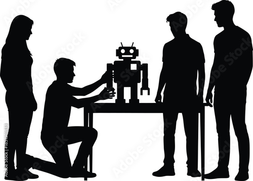 Students Collaborating on Robotics Engineering Project Black Silhouette Vector