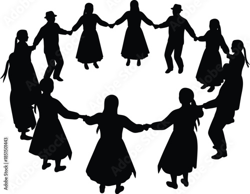 Traditional Folk Dance Circle Silhouette Vector Illustration