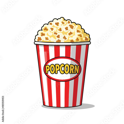 Cartoon depiction of popcorn in a striped container, with "POPCORN" written on it