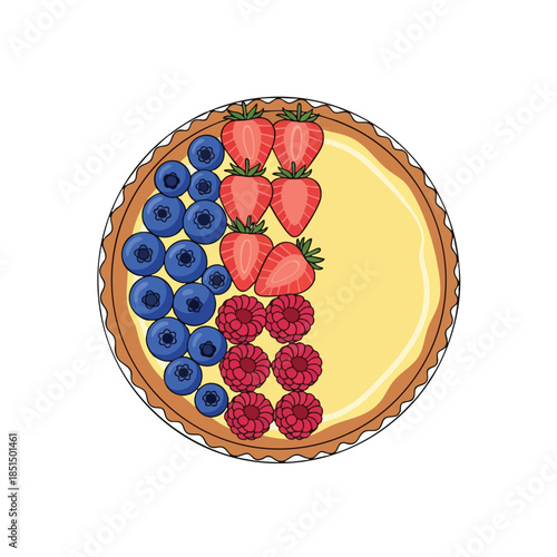 A fruit tart with blueberries, strawberries, and raspberries on a white background