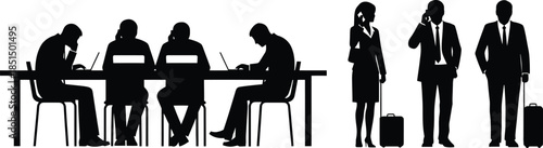 Business people silhouettes set working meeting and travel communication vector illustration