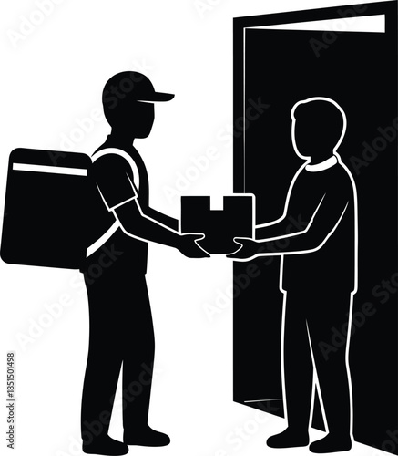 Courier Delivering Package to Customer Door Step Icon Black and White Silhouette Vector