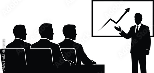 Speaker Presenting Financial Growth Chart to Audience Monochrome Vector