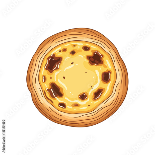 Overhead view of a baked tart with a creamy filling and a decorative flaky crust