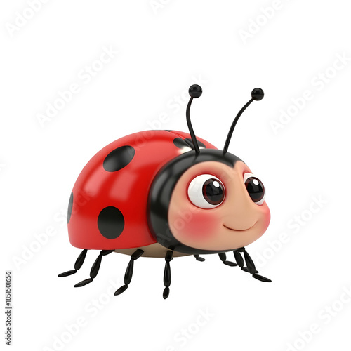 A cheerful cartoon ladybug with a smiling face and black spots on a plain white background.