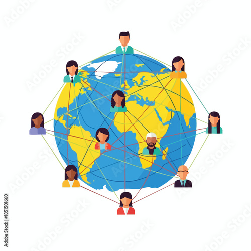 A globe with connected people icons representing global connection/network