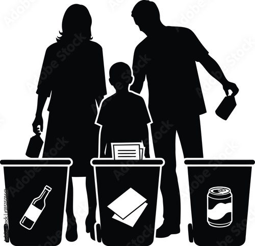 Family sorting recyclables into separate bins, vector silhouette illustration of parents and child promoting environmental responsibility