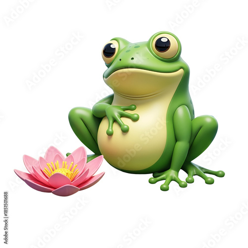 A green cartoon frog sits beside a pink lotus flower on a white background with a cute expression.