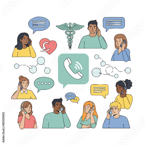 People on calls and a medical symbol with speech bubbles and communication networks