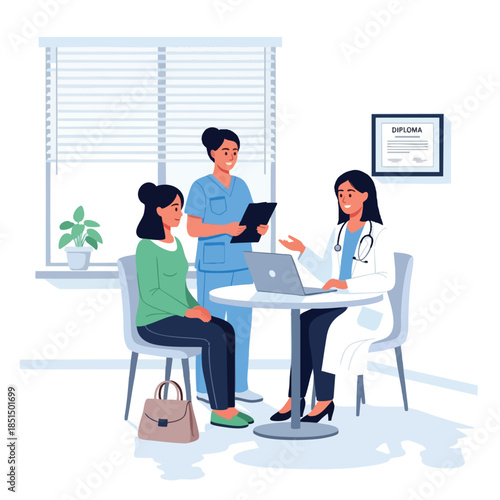 A doctor consults with a patient; a nurse assists. Diploma on wall. Laptop in use