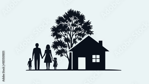 Silhouette of a Family and House Under a Tree.