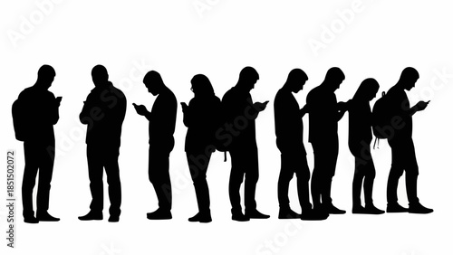 Silhouettes of people engrossed in their smartphones in a line.