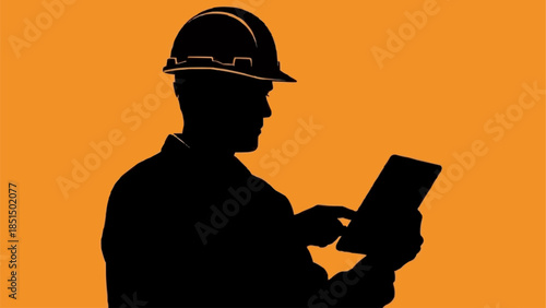 Silhouette of a construction worker using a tablet device.