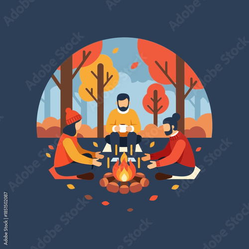 Friends enjoying autumn camping trip with cozy campfire