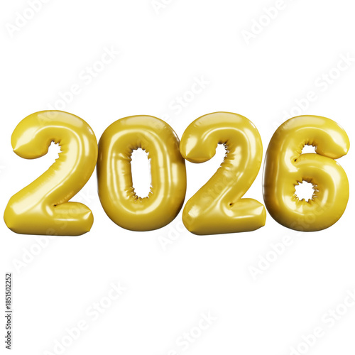 3D Render of 2026 Golden Yellow Inflatable Balloon Numbers. 