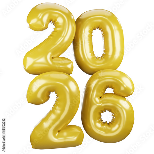 3D rendering of the year '2026' composed of shiny, inflated yellow balloon numbers, featuring a sleek, bright, and reflective latex finish. deal for New Year's Eve celebrations specific year 2026.