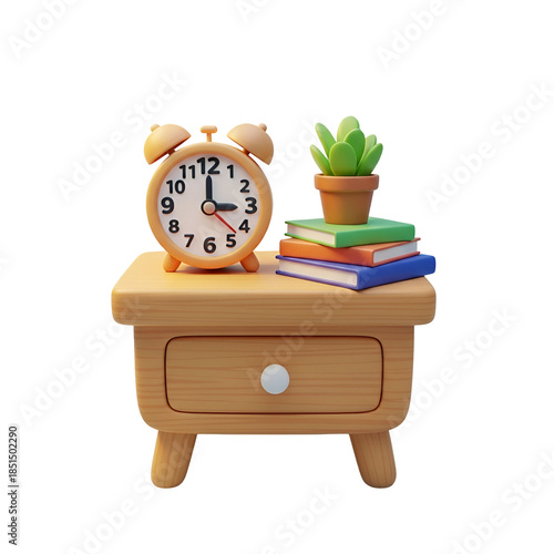 3D illustration of an alarm clock, books, and a potted plant on a wooden bedside table with a drawer against a white background.