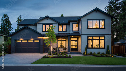 Obraz na plátně Modern two story house with lit windows at dusk