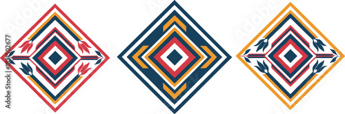 Colorful geometric folk ornament set with diamond shapes and floral accents, symmetrical ethnic decorative motifs isolated on white background