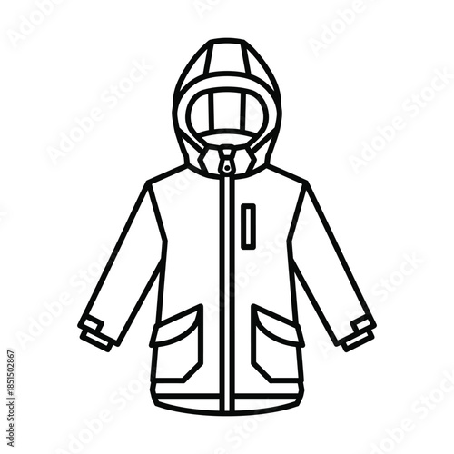 Black and white illustration of a hooded jacket with zipper