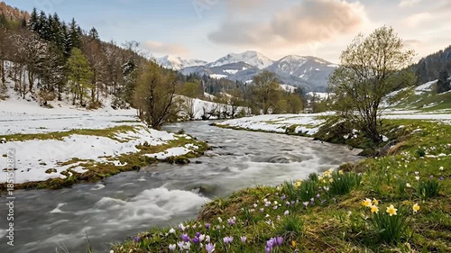 A breathtaking natural landscape captures the essence of early spring as a rapid river flows dynamically through a serene valley. Melting snow patches coexist with vibrant green grass and delicate spr