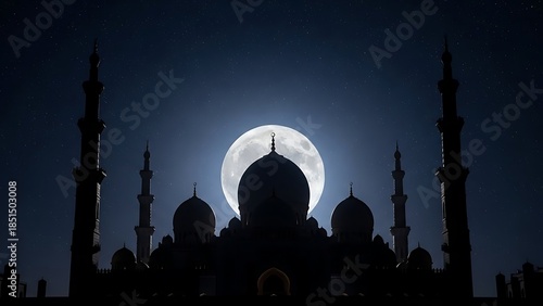 Silhouette of Grand Mosque under a Full Moon at Night, Beautiful Religious Architecture