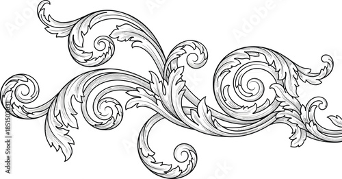 Vintage baroque acanthus flourish ornament with detailed engraved scrollwork, elegant decorative black line element isolated on white background vector illustration