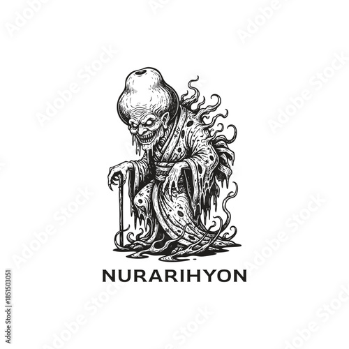 Sinister vintage etching of Nurarihyon, the supreme leader of Yokai, depicted as a tattered old man with an elongated head and a gnarled cane