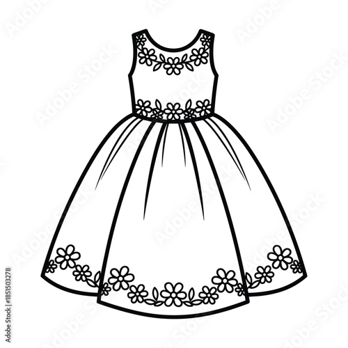 Black and white illustration of a dress with floral embroidery