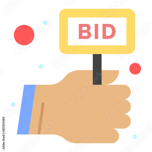 Auctioneer's Gesture: A hand displays a 'BID' sign, representing the act of bidding, auctioneering, and making offers. Illustrating concepts like market, opportunity, and price.