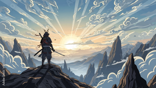 Samurai standing on mountain peak at sunrise with sword