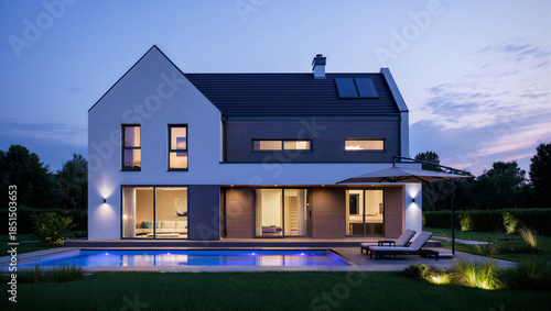 Modern two story house with pool and lit interior at dusk