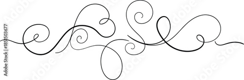 Elegant decorative swirl divider with flowing calligraphic curves, minimal black line ornament flourish isolated on white background design