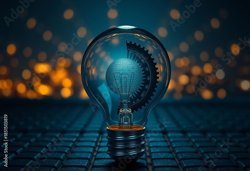 A glowing glass light bulb shines with bright energy on a dark background, representing a creative spark of innovation, inspiration, and a powerful business solution for a new technology idea
