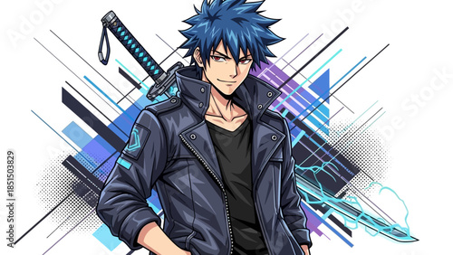 Anime styled young man with blue hair and sword standing confidently