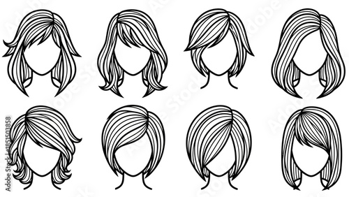 Various stylish haircuts for women in a simple line art style