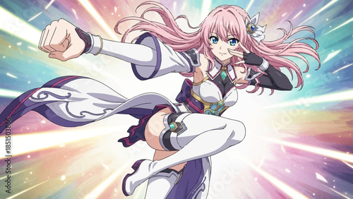 Vibrant anime girl in dynamic pose with pink hair and radiant background