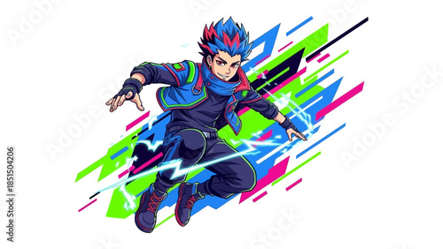 Dynamic anime character in mid-action with vibrant streaks