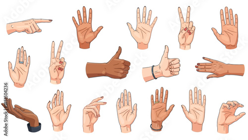 Diverse hands gestures and signs on white background