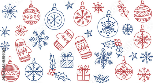 Hand drawn Christmas doodle icons set with ornaments snowflakes mittens gifts holly stars, red blue festive elements isolated