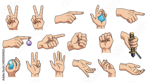 Collection of hands in various gestures holding objects and pointing