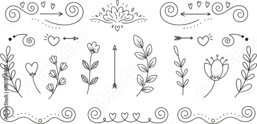 Hand drawn floral doodle elements cad flat vector illustration hearts arrows swirls decorative botanical line art set