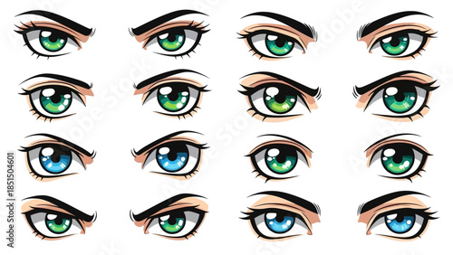 Set of cartoon female eyes with different expressions and colors